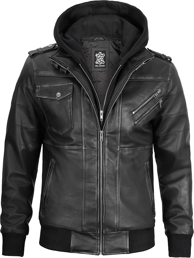 Decrum Detachable Hood Real Lambskin Leather Bomber Jacket Men
