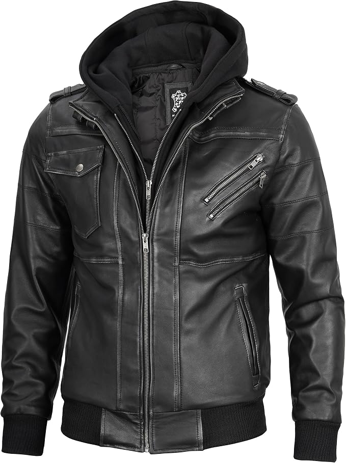 Decrum Detachable Hood Real Lambskin Leather Bomber Jacket Men