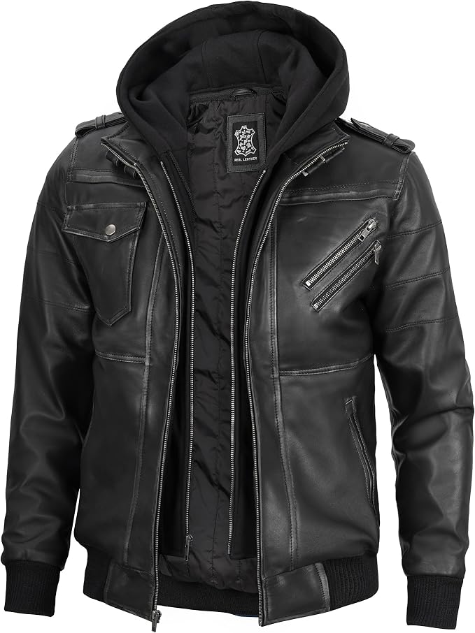 Decrum Detachable Hood Real Lambskin Leather Bomber Jacket Men