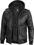 Decrum Detachable Hood Real Lambskin Leather Bomber Jacket Men