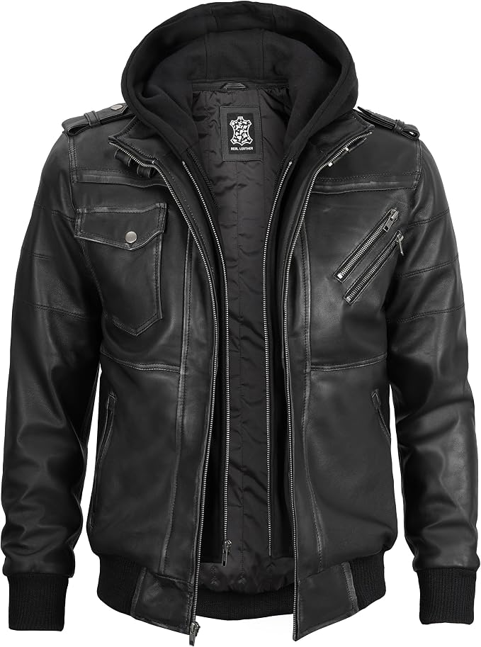 Decrum Detachable Hood Real Lambskin Leather Bomber Jacket Men